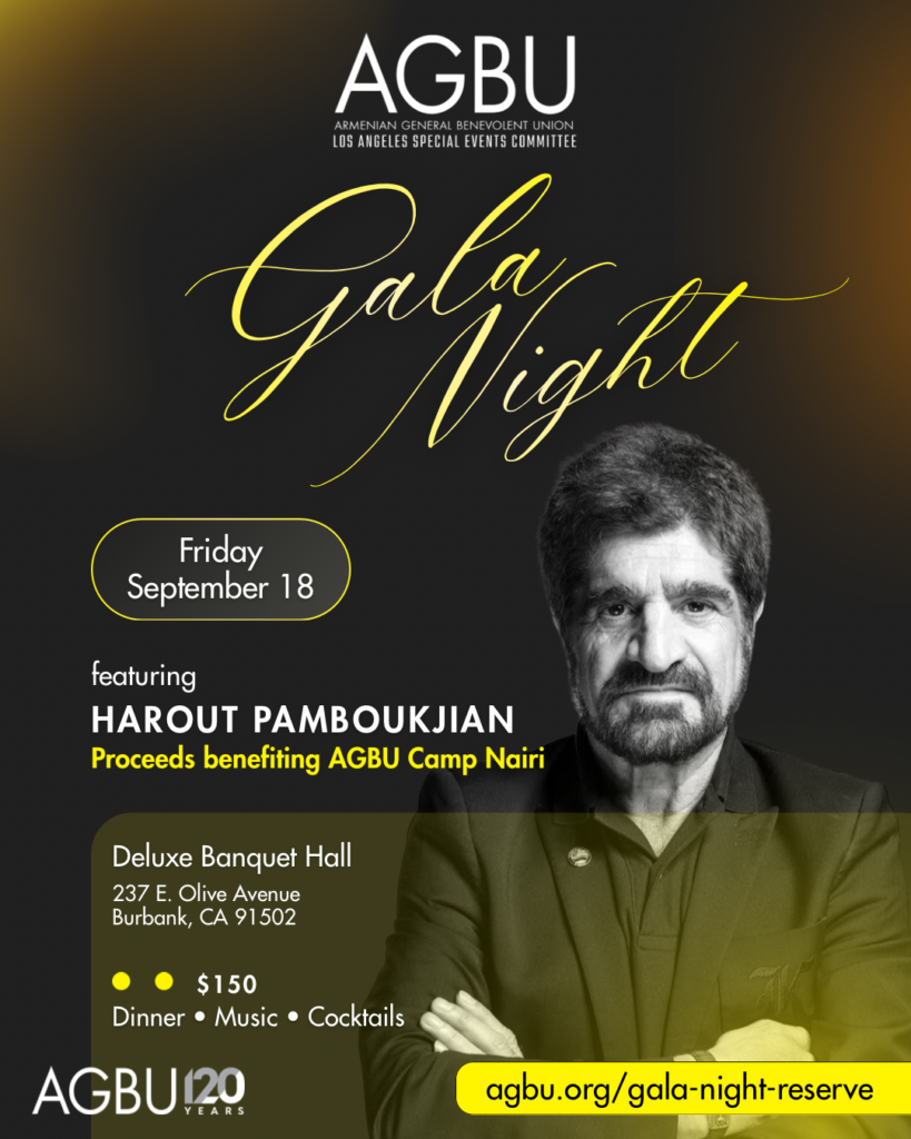 AGBU Gala Night featuring Harout Pamboukjian on September 18, 2026, at De Luxe Banquet Hall in Burbank, benefiting Camp Nairi.